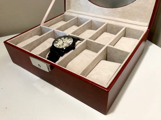 Brown Watch Box, 10 compartments and real glass LID