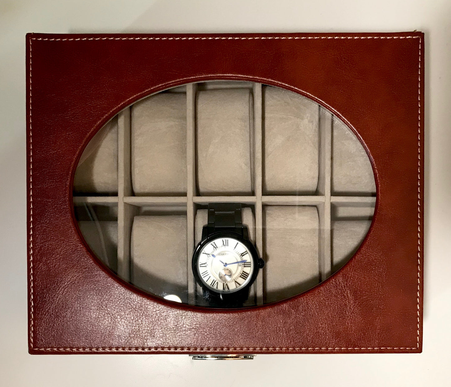 Brown Watch Box, 10 compartments and real glass LID