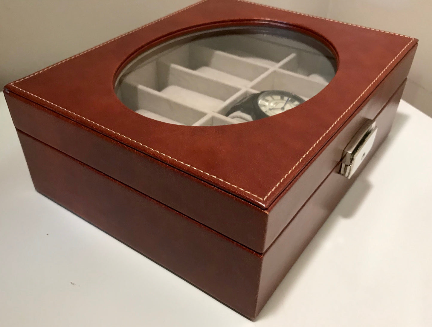 Brown Watch Box, 10 compartments and real glass LID