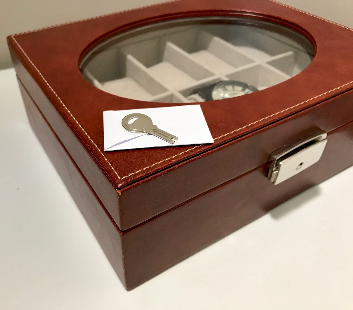 Brown Watch Box, 10 compartments and real glass LID